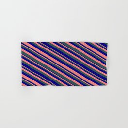 [ Thumbnail: Light Coral, Dark Slate Gray & Blue Colored Striped/Lined Pattern Hand & Bath Towel ]
