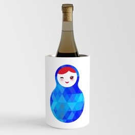 wink Russian doll matryoshka with bright rhombus on white background, blue colors Wine Chiller