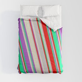 [ Thumbnail: Colorful Orchid, Green, Red, Light Gray, and Beige Colored Striped/Lined Pattern Comforter ]