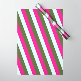 [ Thumbnail: Light Cyan, Dark Olive Green, and Deep Pink Colored Lines/Stripes Pattern Wrapping Paper ]