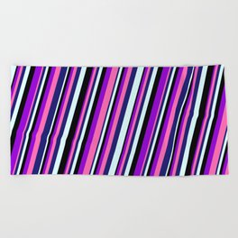 [ Thumbnail: Dark Violet, Hot Pink, Midnight Blue, Light Cyan & Black Colored Lined/Striped Pattern Beach Towel ]