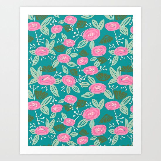 Turquoise blossom blooms painting abstract pattern garden gardener plants summer spring bright Art Print
