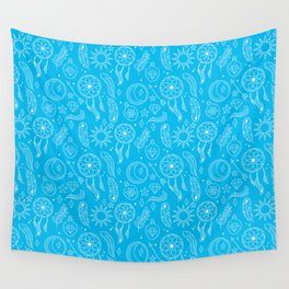 Turquoise And White Hand Drawn Boho Pattern Wall Tapestry
