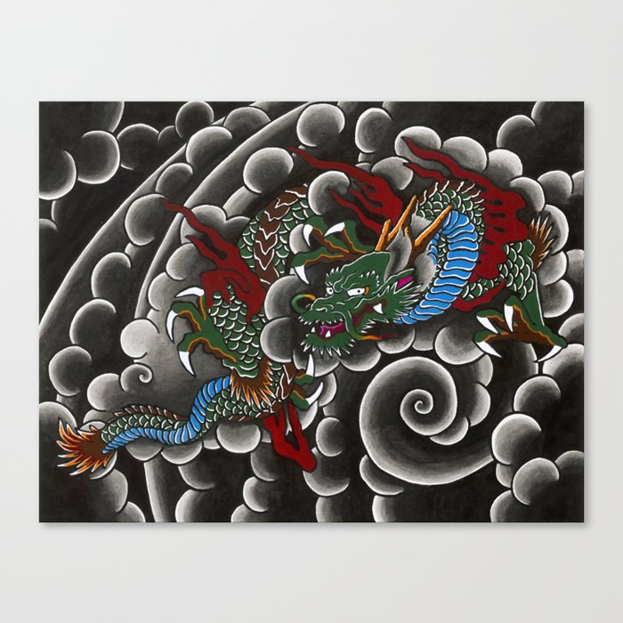 Japanese tattoo style dragon in sumi ink wash and watercolor Canvas Print