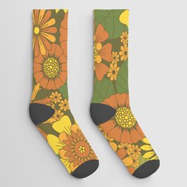 Orange, Brown, Yellow and Green Retro Daisy Pattern Socks