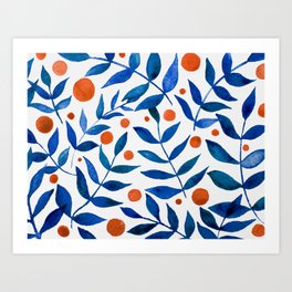 Watercolor berries and branches - blue and orange Art Print