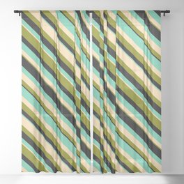 [ Thumbnail: Aquamarine, Tan, Green, and Black Colored Striped Pattern Sheer Curtain ]