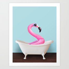 Playing flamingo in bathtub Art Print