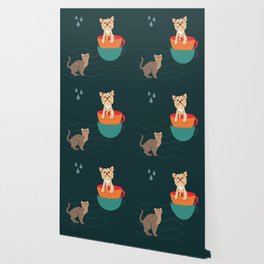Teacup Yorkie and cat teal Wallpaper