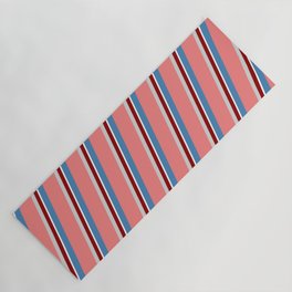 [ Thumbnail: Eyecatching Blue, Light Coral, Light Grey, Dark Red, and White Colored Stripes Pattern Yoga Mat ]