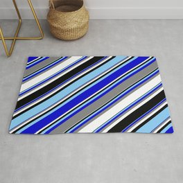 [ Thumbnail: Light Sky Blue, Blue, Gray, White, and Black Colored Striped Pattern Rug ]