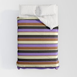[ Thumbnail: Purple, Brown, Light Yellow & Black Colored Lines/Stripes Pattern Comforter ]