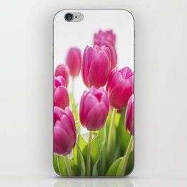 Summer cheerful bright pink tulips art print - spring flowers green leaves - nature photography iPhone Skin