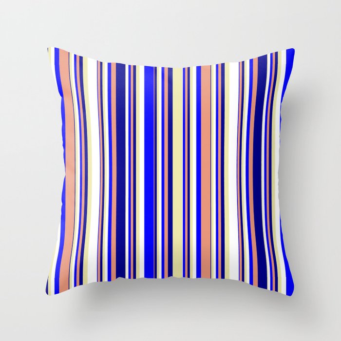 Pale Goldenrod, White, Blue, Dark Salmon, and Dark Blue Colored Pattern of Stripes Throw Pillow