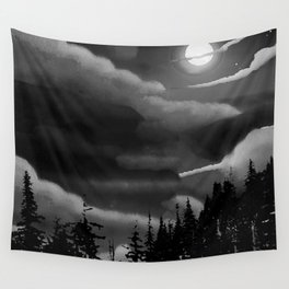 Bright Cloudy Night Sky in Black and White Wall Tapestry
