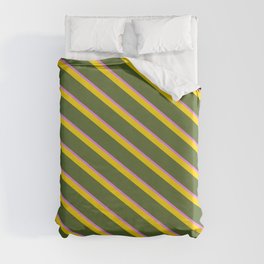 [ Thumbnail: Yellow, Dark Olive Green & Violet Colored Striped/Lined Pattern Duvet Cover ]