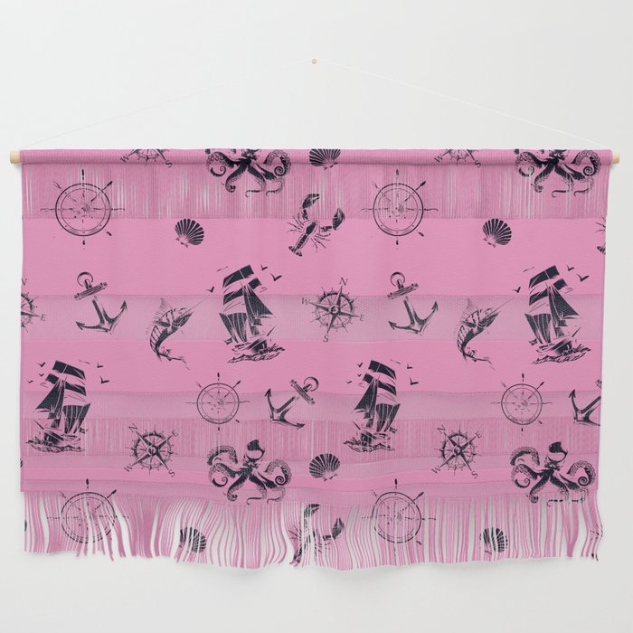 Pink And Blue Silhouettes Of Vintage Nautical Pattern Wall Hanging