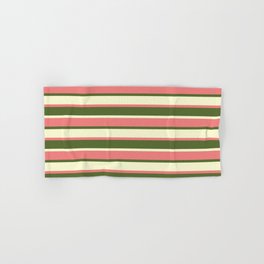 [ Thumbnail: Light Coral, Dark Olive Green & Light Yellow Colored Striped Pattern Hand & Bath Towel ]