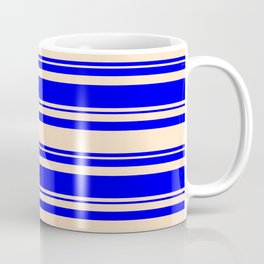 [ Thumbnail: Bisque and Blue Colored Lined/Striped Pattern Coffee Mug ]