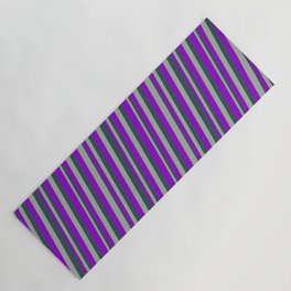[ Thumbnail: Dark Violet, Dark Gray, and Dark Slate Gray Colored Striped Pattern Yoga Mat ]