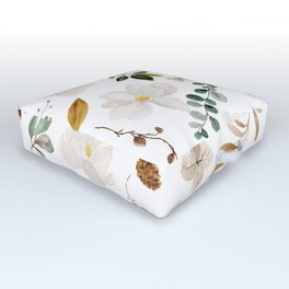 Magnolia Watercolor Floral Outdoor Floor Cushion | Whiteflowers, Foliage, Romanticflowers, Spring, Watercolor, White, Botanical, Weddingflowers, Floral, Flowers 