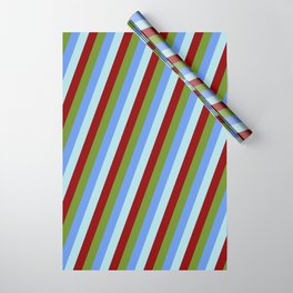 [ Thumbnail: Cornflower Blue, Powder Blue, Dark Red, and Green Colored Lined/Striped Pattern Wrapping Paper ]