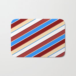 [ Thumbnail: Maroon, Brown, Tan, Blue & White Colored Striped Pattern Bath Mat ]