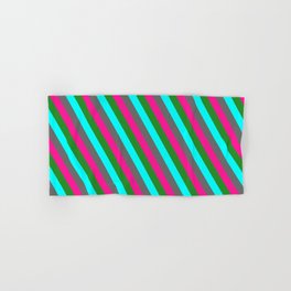 [ Thumbnail: Dim Gray, Deep Pink, Forest Green & Cyan Colored Stripes/Lines Pattern Hand & Bath Towel ]
