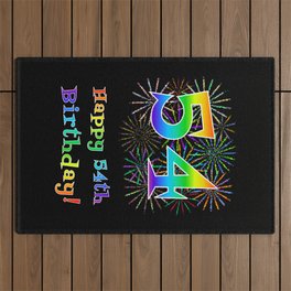 [ Thumbnail: 54th Birthday - Fun Rainbow Spectrum Gradient Pattern Text, Bursting Fireworks Inspired Background Outdoor Rug ]