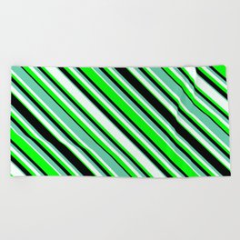[ Thumbnail: Aquamarine, Mint Cream, Lime, and Black Colored Pattern of Stripes Beach Towel ]