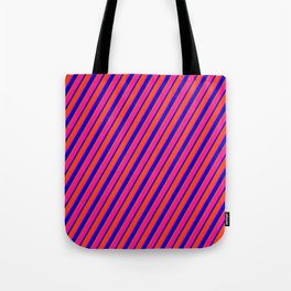 [ Thumbnail: Red, Deep Pink & Blue Colored Pattern of Stripes Tote Bag ]