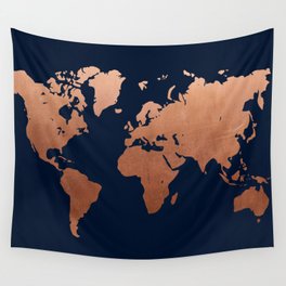 World map navy blue and copper Wall Tapestry
