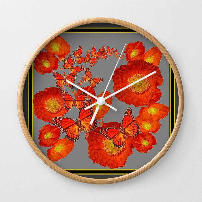 Decorative Orange Butterflies Poppy Floral Grey Art Wall Clock