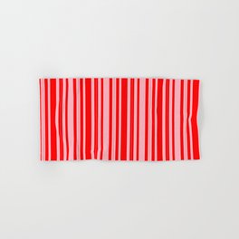 [ Thumbnail: Red & Light Pink Colored Lines/Stripes Pattern Hand & Bath Towel ]