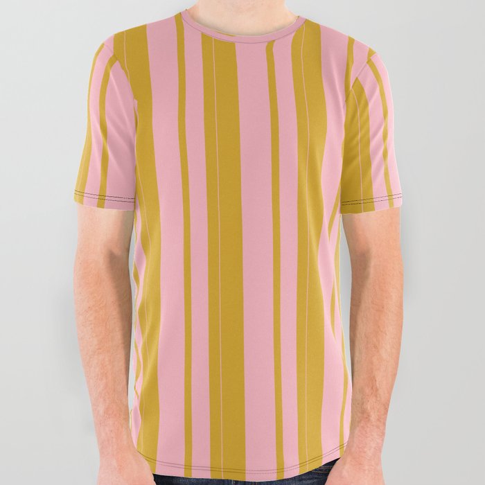 Goldenrod & Light Pink Colored Lined Pattern All Over Graphic Tee