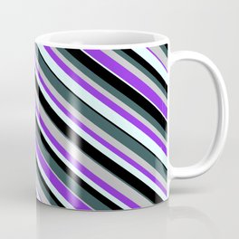 [ Thumbnail: Eye-catching Dark Slate Gray, Grey, Purple, Light Cyan, and Black Colored Lines Pattern Coffee Mug ]