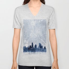 Minneapolis Skyline & Map Watercolor Navy Blue, Print by Zouzounio Art V Neck T Shirt