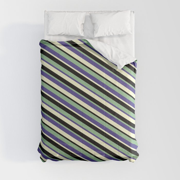 Dark Sea Green, Dark Slate Blue, Light Yellow & Black Colored Lined/Striped Pattern Comforter