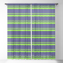 [ Thumbnail: Green & Midnight Blue Colored Stripes Pattern Sheer Curtain ]