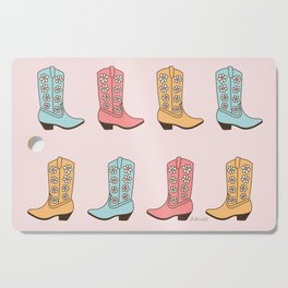 Cowgirl Boots and Daisies, Blush Pink, Mint, Cute Pastel Cowboy Pattern Cutting Board