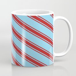 [ Thumbnail: Sky Blue & Red Colored Stripes Pattern Coffee Mug ]