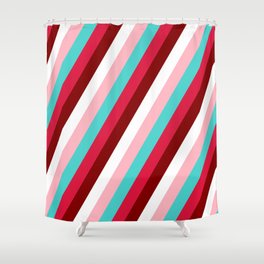 [ Thumbnail: Eye-catching Turquoise, Crimson, Maroon, White & Light Pink Colored Stripes/Lines Pattern Shower Curtain ]
