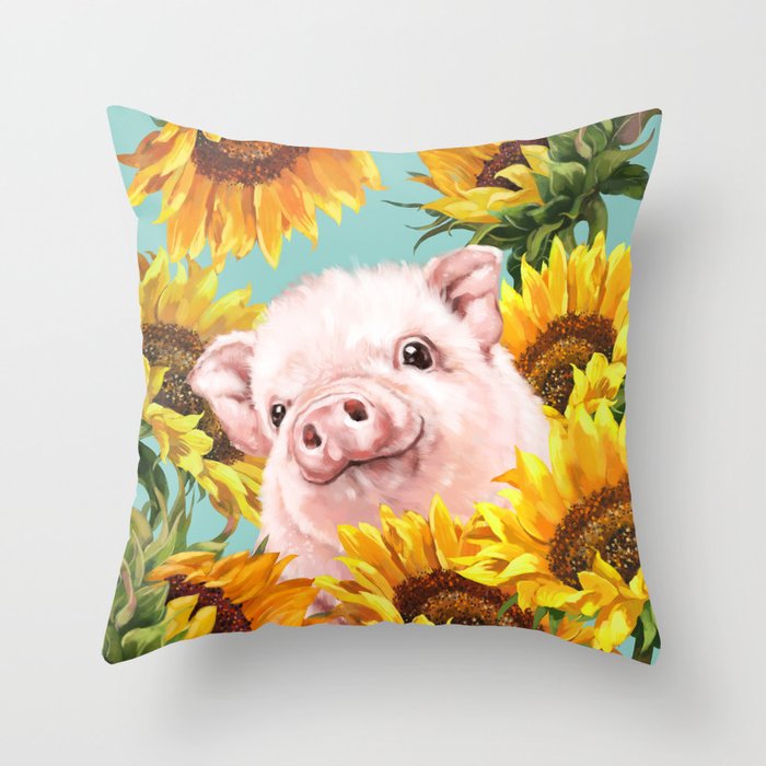 Baby Pig with Sunflowers in Blue Throw Pillow