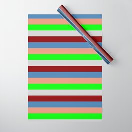 [ Thumbnail: Eye-catching Dark Salmon, Lime, Light Gray, Dark Red, and Blue Colored Lined Pattern Wrapping Paper ]
