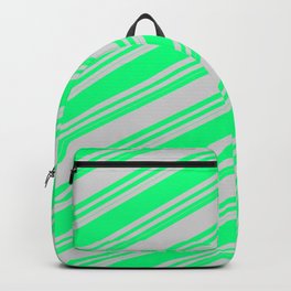 [ Thumbnail: Green and Light Gray Colored Striped Pattern Backpack ]