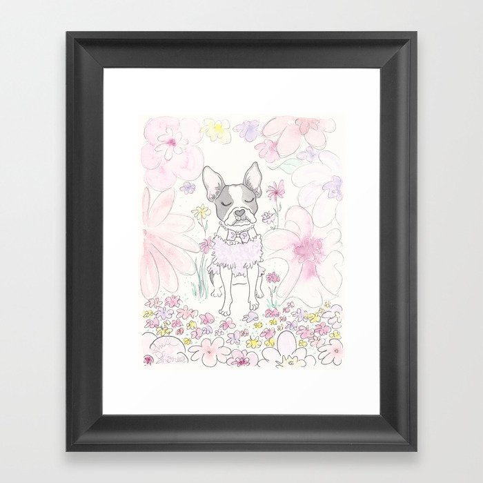 Beautiful Boston Terrier and Flower Wonderland Framed Art Print