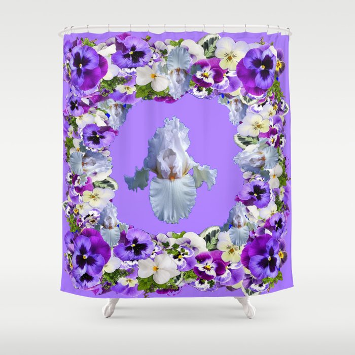 Spring Lilac Purple Pansy Flowers White Iris Pattern Shower