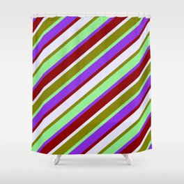 [ Thumbnail: Vibrant Light Green, Purple, Dark Red, Lavender, and Green Colored Lined/Striped Pattern Shower Curtain ]