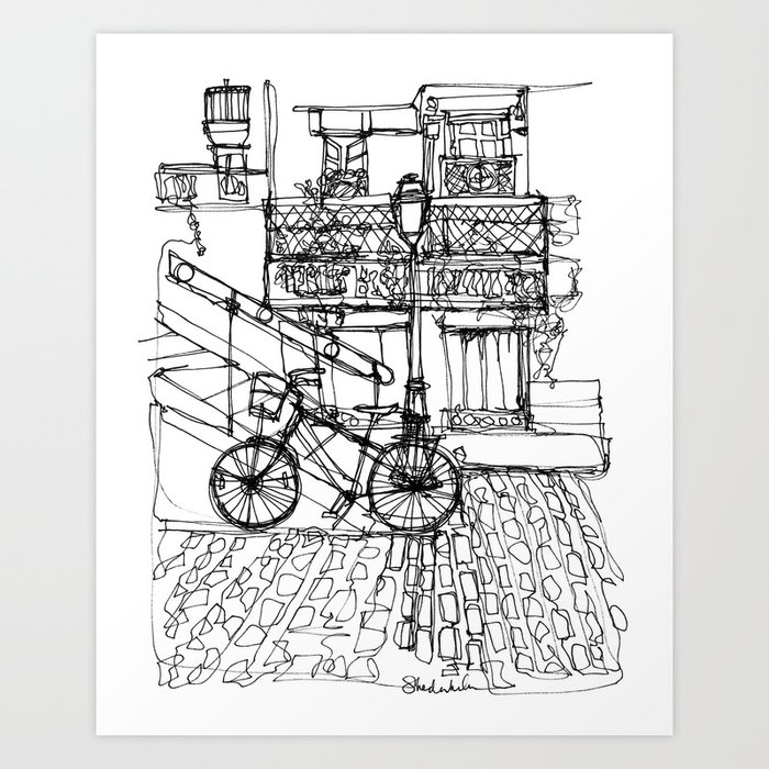 Bicycle in Montmartre, France, A Continous Line Drawing Art Print