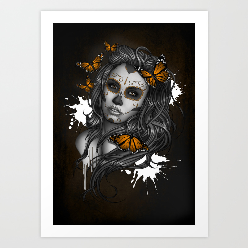 Sugar Skull Tattoo Girl With Butterflies Art Print By Benkrefta Society6